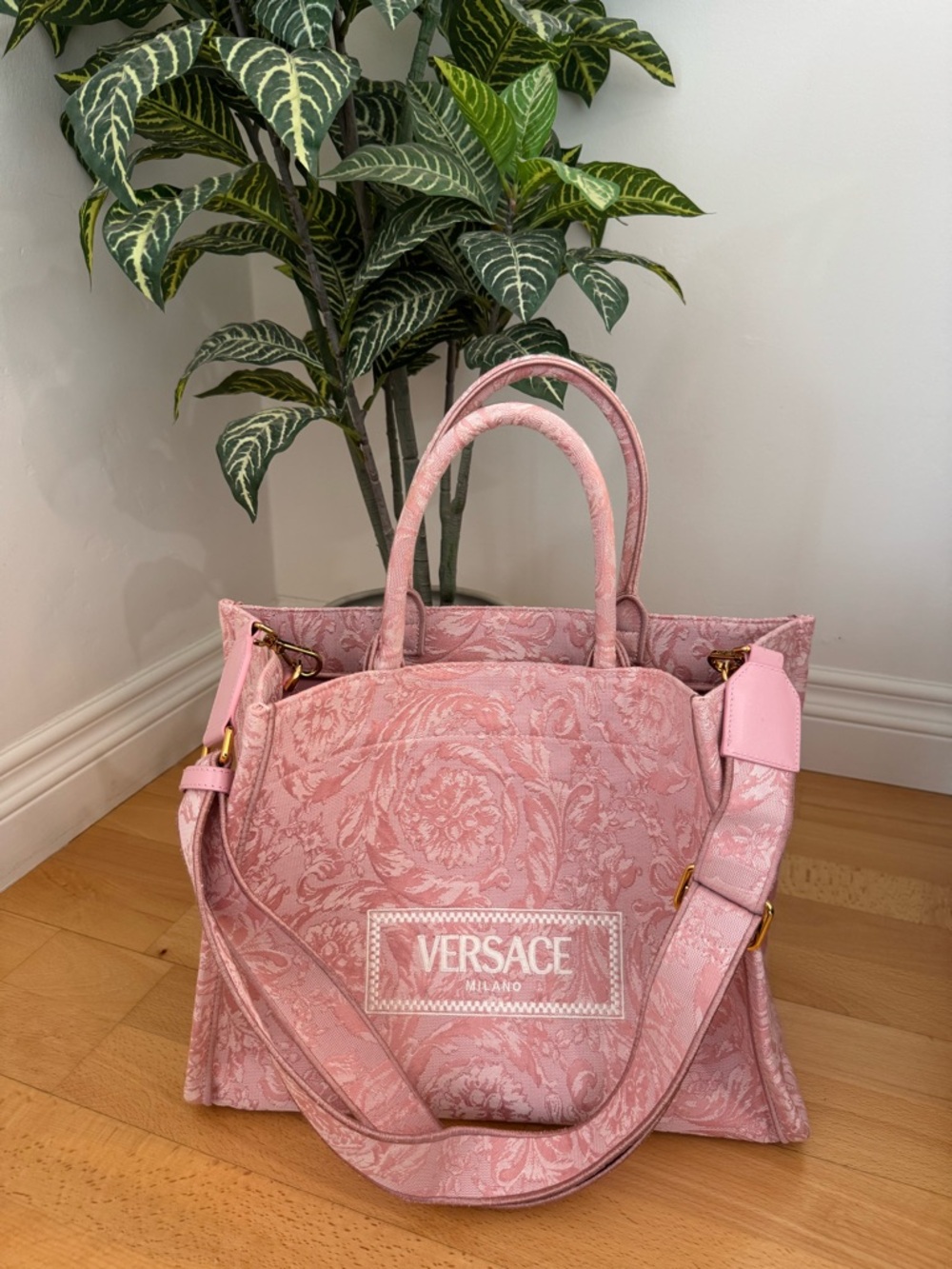 Versace Pink Jacquard Tote with Logo Patch